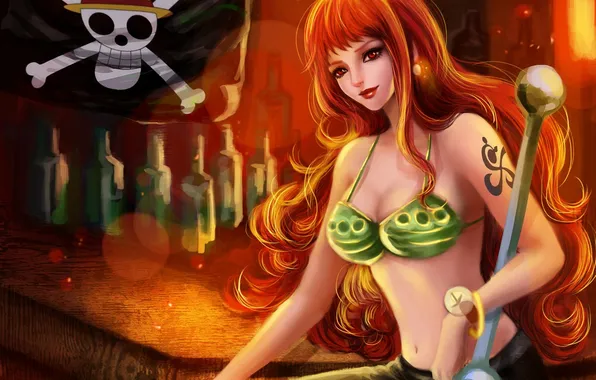 Girl, skull, bar, flag, art, bottle, one piece, RikaMello