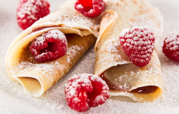 Berries, raspberry, powdered sugar, Pancakes