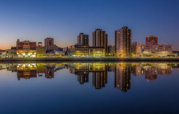 Twilight, river, sunset, Argentina, dusk, reflection, blue hour, cityscape