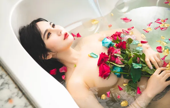 Chest, look, water, girl, light, flowers, face, pose