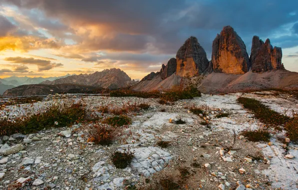 The sky, clouds, mountains, stones, rocks, hills, vegetation, tops