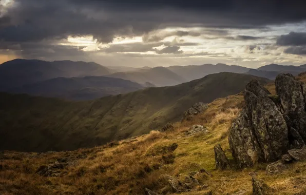 Picture autumn, the sky, clouds, mountains, clouds, fog, stones, overcast