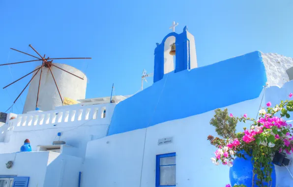 The sky, flowers, house, Santorini, Greece