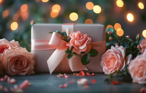 Flowers, lights, holiday, box, gift, roses, bouquet, pink