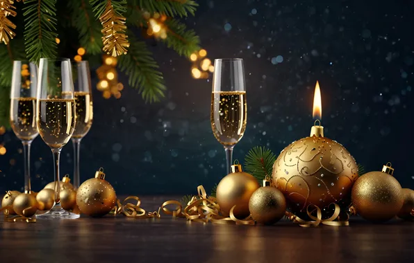 Balls, branches, lights, the dark background, table, wine, candles, glasses