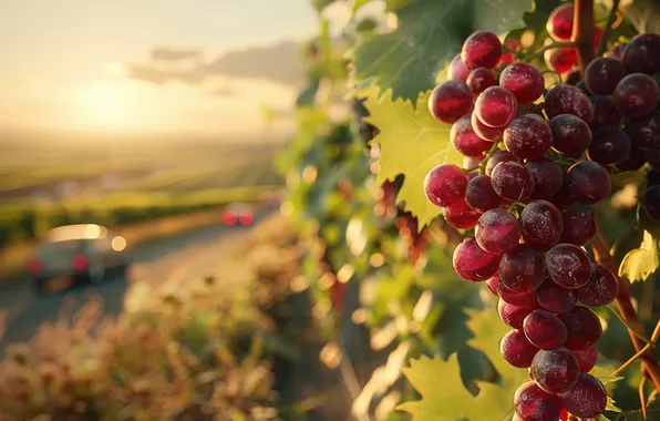 Road, field, machine, the sun, light, red, foliage, morning