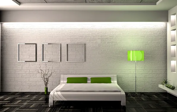Picture style, bed, interior, minimalism, floor lamp