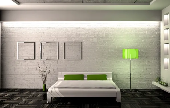 Style, bed, interior, minimalism, floor lamp