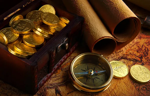 Gold, map, compass, doubloons