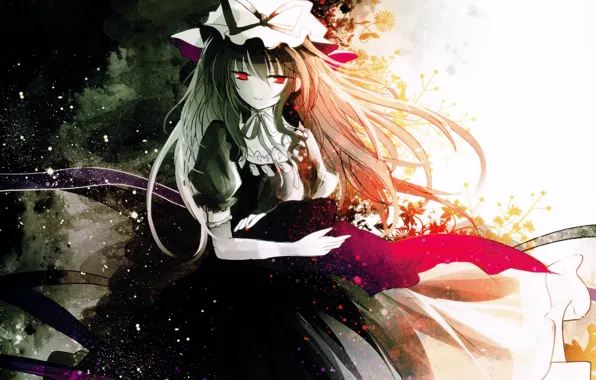 Tape, bow, red eyes, cap, long hair, touhou, art, strikingly is wait