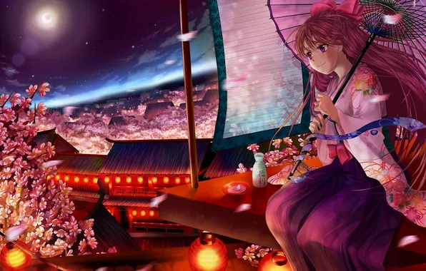 Roof, girl, flowers, night, umbrella, petals, Sakura, lights