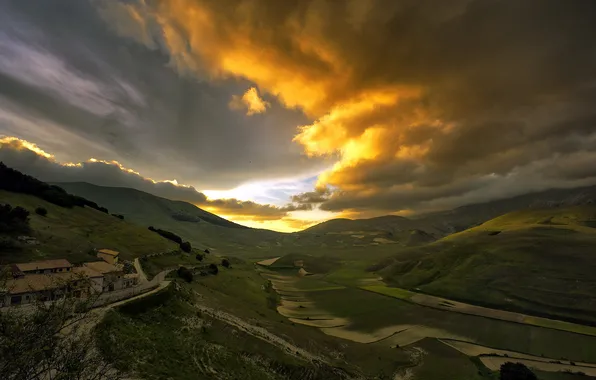 Field, clouds, sunset, hills, home