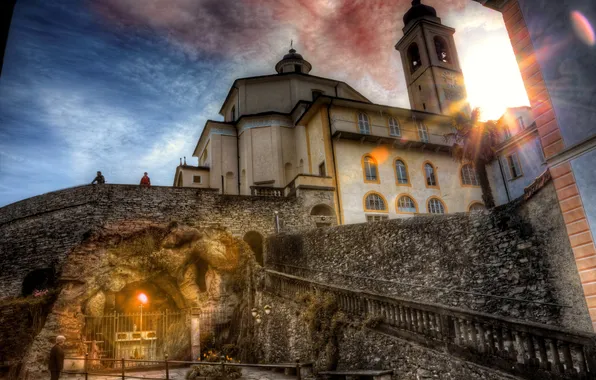 Picture wall, Italy, ladder, Church, the rays of the sun, Domodossola