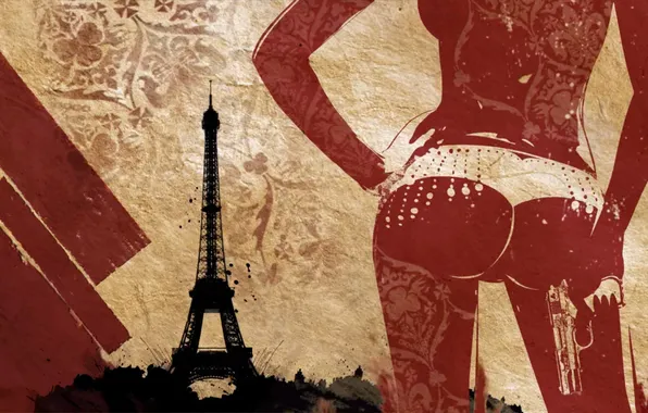 Picture ass, girl, gun, weapons, pattern, Eiffel tower, Paris, France