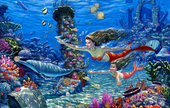 Fish, corals, art, dolphins, underwater world, mermaid, the bottom of the sea, Wil Cormier
