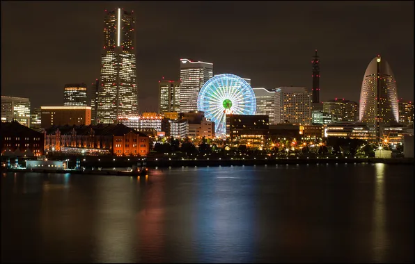 Night, lights, Japan, Yokohama