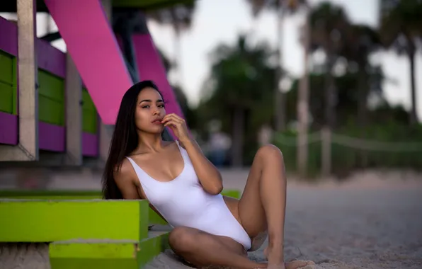 White, beach, swimsuit, girl, pose, palm trees, makeup, figure