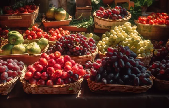 Light, berries, table, food, grapes, fruit, a lot, different