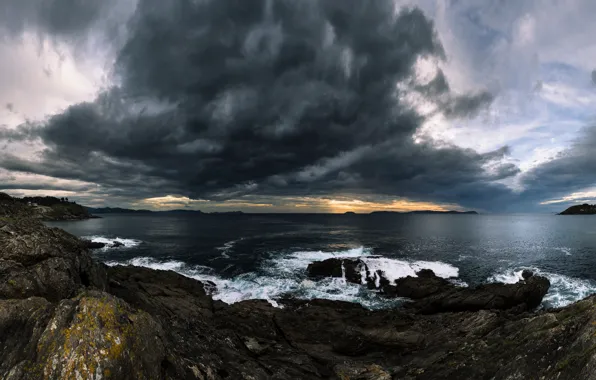 Sea, the storm, wave, the sky, clouds, clouds, storm, stones