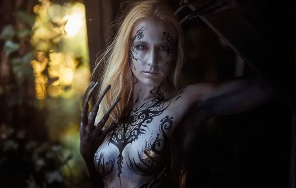 Forest, erotic, chest, pose, style, pattern, woman, hands