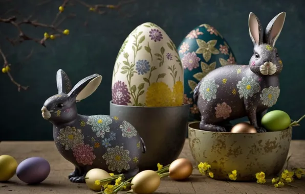 Flowers, table, holiday, toys, eggs, spring, rabbit, Easter