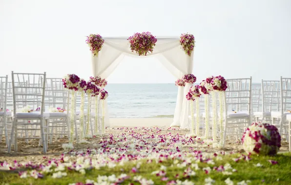 Sand, sea, flowers, nature, tropics, coast, chair, gazebo