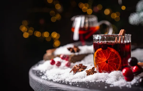 Snow, glass, orange, Christmas, New year, drink, black background, cinnamon