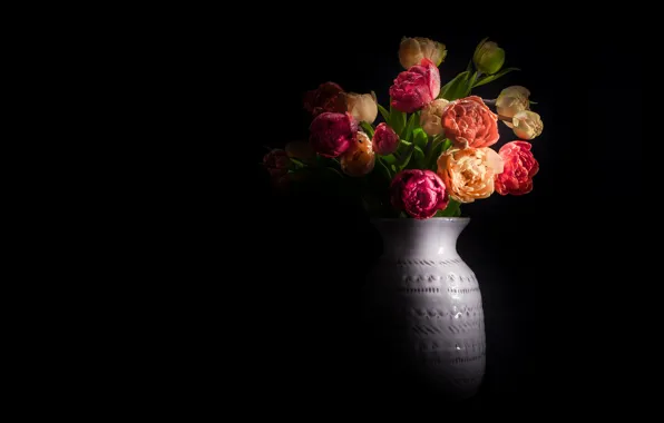 Picture drops, light, flowers, bouquet, tulips, vase, cream, pink
