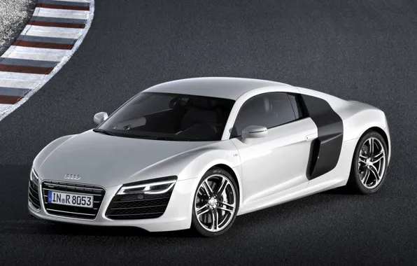 Picture background, Audi, Audi, silver, supercar, racing track, the front, V10