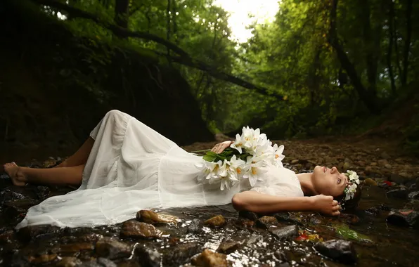 Picture girl, flowers, pose, river