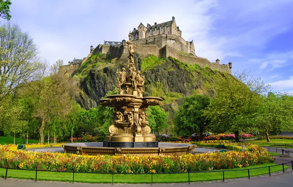 Picture the city, photo, castle, Scotland, fountain, Edinburgh, Ross fountain