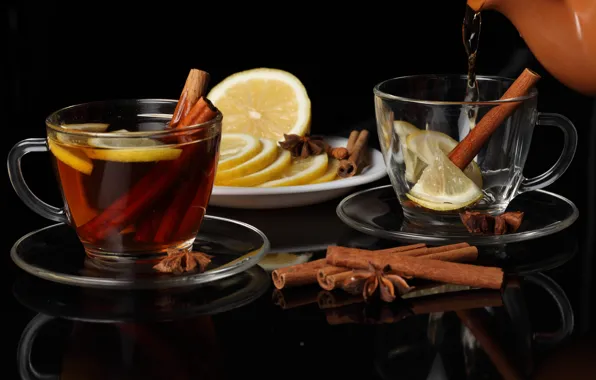 Picture lemon, tea, kettle, Cup, cinnamon