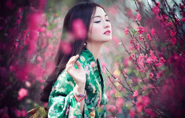 Look, girl, flowers, branches, nature, pose, portrait, spring