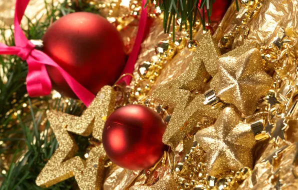 Branches, balls, tree, gold plated, stars, Christmas decorations