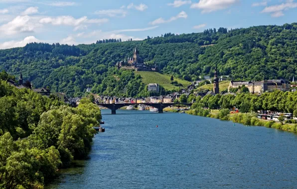 Trees, bridge, river, castle, shore, mountain, home, Germany