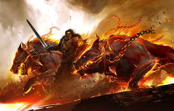 Picture fire, sword, armor, warrior, collar, chain, Guild Wars 2, dogs