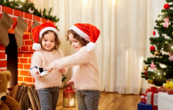 Children, gift, lantern, New year, fireplace, Christmas, New Year, Gemini