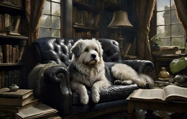 Room, sofa, books, Windows, lamp, interior, dog, lies