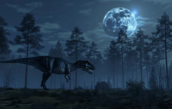 Night, Trees, The moon, Predator, Dinosaur, Animal, Side, Digital art