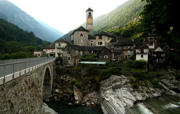 Mountains, River, Switzerland, Lavertezzo