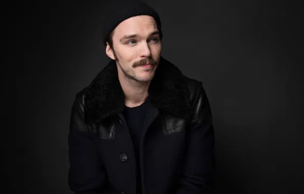 Mustache, hat, actor, black background, coat, photoshoot, Nicholas Hoult, Nicholas Hoult