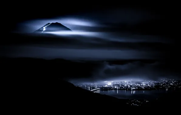 Light, night, the city, lights, mountain, mount Fuji, the dark background, Fuji