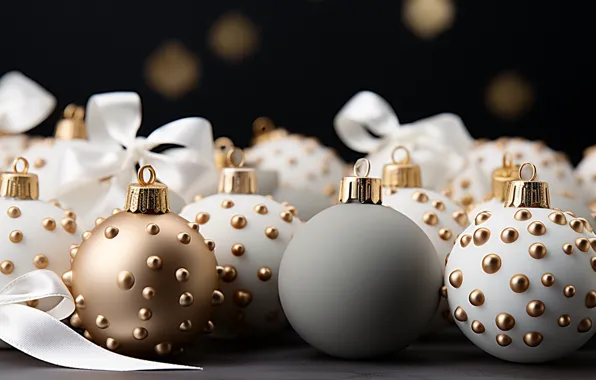 Balls, New Year, Christmas, silver, golden, white, new year, happy