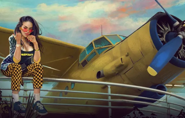 Girl, Figure, The plane, Glasses, Brunette, Propeller, Art, Beauty