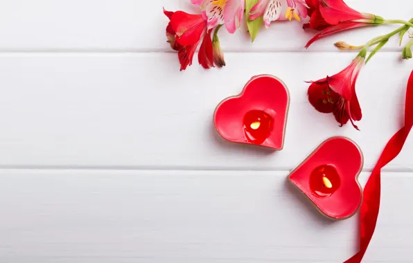 Flowers, candles, hearts, red, flowers, romantic, hearts, valentine's day