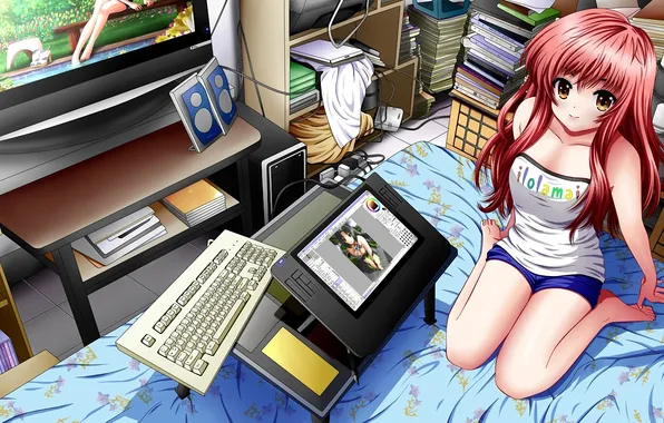 Picture computer, girl, smile, books, TV, art, bed, drives