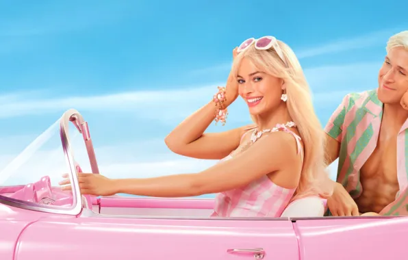 Smile, blonde, driving, blue sky, cute girl, Movie, Ryan Gosling, Barbie