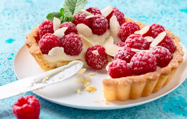 Berries, raspberry, table, blue, plate, knife, nuts, yummy