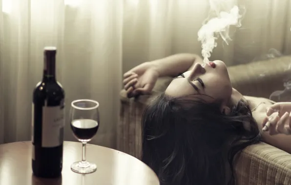 Girl, wine, smoke, cigarette