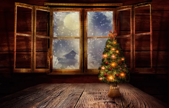 Snow, night, the moon, window, tree, shutters, Christmas decorations